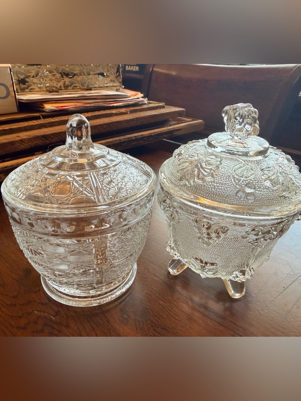 Set of 2 Vintage Pressed Glass Covered Candy Dishes - Clear Glass Jars